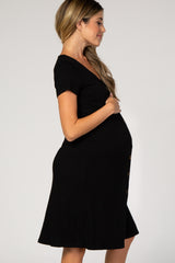 Black Button Down Short Sleeve Maternity Dress