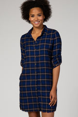 Navy Blue Plaid Button Down Long Sleeve Shirt Dress