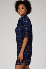 Navy Blue Plaid Button Down Long Sleeve Shirt Dress