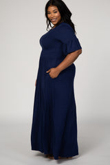 Navy Blue Ruffle Short Sleeve Plus Maxi Dress