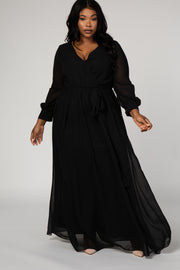 Black Chiffon Long Sleeve Pleated Plus Maxi Dress