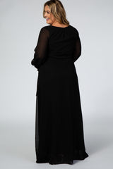 Black Chiffon Long Sleeve Pleated Plus Maternity Maxi Dress