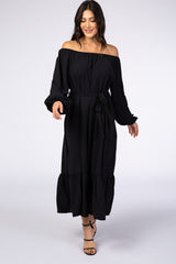 Black Long Sleeve Chiffon Tie Waist Ruffle Bottom Maternity Dress