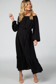 Black Long Sleeve Chiffon Tie Waist Ruffle Bottom Maternity Dress