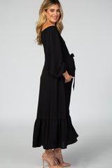 Black Long Sleeve Chiffon Tie Waist Ruffle Bottom Maternity Dress