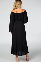 Black Long Sleeve Chiffon Tie Waist Ruffle Bottom Maternity Dress