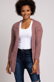 Mauve Soft Popcorn Knit Front Pocket Cardigan