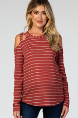 Rust Striped Crisscross Shoulder Long Sleeve Maternity Top