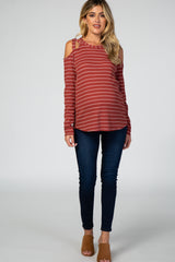 Rust Striped Crisscross Shoulder Long Sleeve Maternity Top