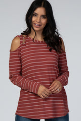 Rust Striped Crisscross Shoulder Long Sleeve Maternity Top