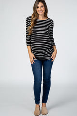 Black Striped Ruched Maternity Nursing Top