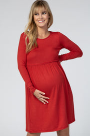 Rust Long Sleeve Pleated Maternity Dress