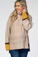 Beige Turtle Neck Colorblock Maternity Sweater