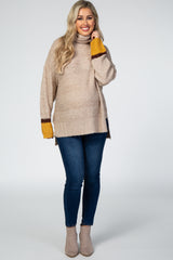 Beige Turtle Neck Colorblock Maternity Sweater