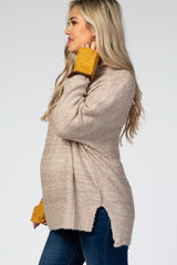 Beige Turtle Neck Colorblock Maternity Sweater