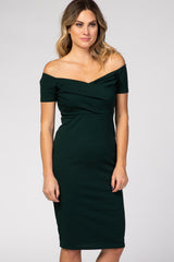 PinkBlush Forest Green Solid Off Shoulder Fitted Dress