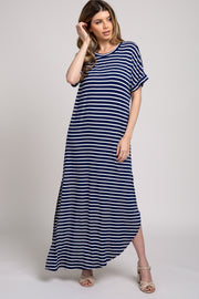 Navy Striped Short Sleeve Side Slit Maxi Dress