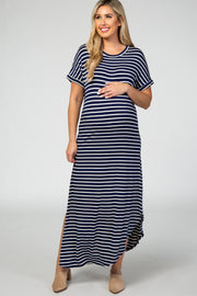 Navy Striped Short Sleeve Side Slit Maternity Maxi Dress