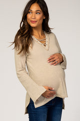 Beige Lace Up Side Slit Hi-Low Maternity Top