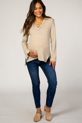 Beige Lace Up Side Slit Hi-Low Maternity Top