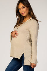 Beige Lace Up Side Slit Hi-Low Maternity Top