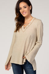 Beige Lace Up Side Slit Hi-Low Maternity Top