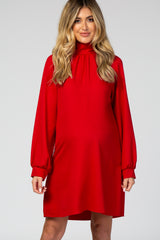 Red Mock Neck Tie Back Long Sleeve Maternity Dress