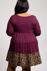 Burgundy 3/4 Sleeve Ruffle Plus Dress