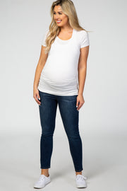 Navy Blue Medium Wash Leather Detail Skinny Maternity Jeans