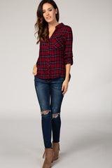 Red Plaid Rolled Sleeve Collared Button Down Top