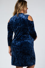 Navy Cold Shoulder Crushed Velvet Plus Maternity Dress