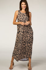 Beige Animal Print Babydoll Sleeveless Maxi Dress