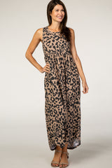 Beige Animal Print Babydoll Sleeveless Maxi Dress