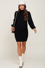 Black Mock Neck Puff Sleeve Knit Maternity Dress