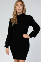 Black Mock Neck Puff Sleeve Knit Dress