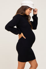 Black Mock Neck Puff Sleeve Knit Maternity Dress