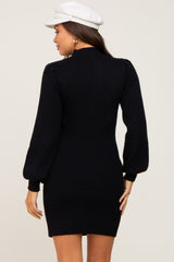 Black Mock Neck Puff Sleeve Knit Maternity Dress