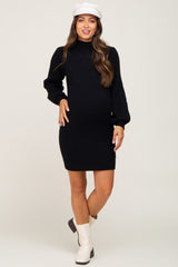 Black Mock Neck Puff Sleeve Knit Maternity Dress