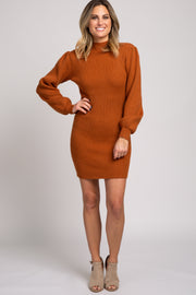 Rust Mock Neck Puff Sleeve Knit Dress