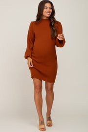 Rust Mock Neck Puff Sleeve Knit Maternity Dress