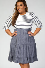 Navy Blue Striped 3/4 Sleeve Plus Midi Dress