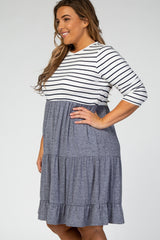 Navy Blue Striped 3/4 Sleeve Plus Midi Dress