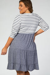 Navy Blue Striped 3/4 Sleeve Plus Midi Dress