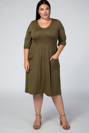 Olive 3/4 Sleeve Round Neck Plus Midi Dress