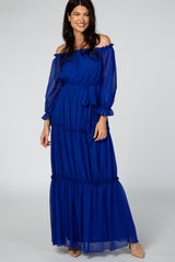 Royal Blue Tiered Off Shoulder Maternity Maxi Dress