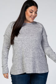 Heather Grey Long Sleeve Brushed Fabric Drop Shoulder Heathered Plus Top