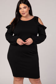 Black Ruffle Trim Puff Sleeve Plus Dress