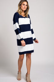 Navy Blue Large Striped Long Bubble Sleeve Knit Sweater Dress