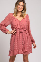 Mauve Swiss Dot Ballon Sleeve Wrap Dress