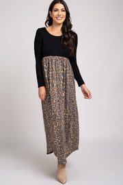 Black Long Sleeve Empire Waist Cheetah Print Maxi Dress